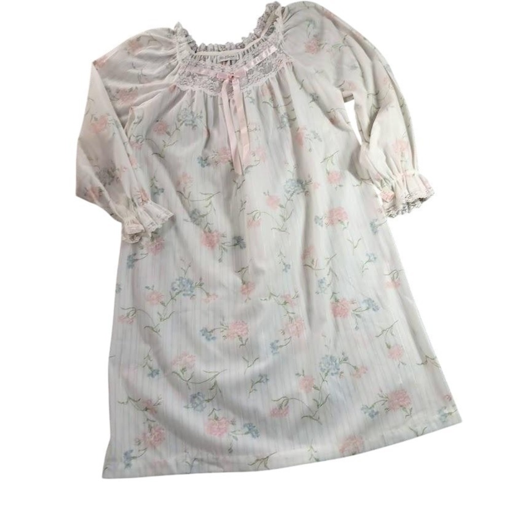 Vintage Miss Elaine Nightgown Womens Small Multicolor Floral Lace Long Sleeve